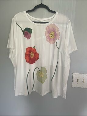Cato White Short Sleeve Top with Pink, Red & Green Floral Print